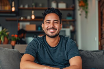 Happy mid adult man relaxing at home  smiling on sofa.
