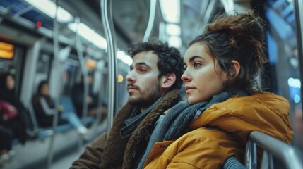 A young couple sits on a public transportation train, lost in their own thoughts as they travel home