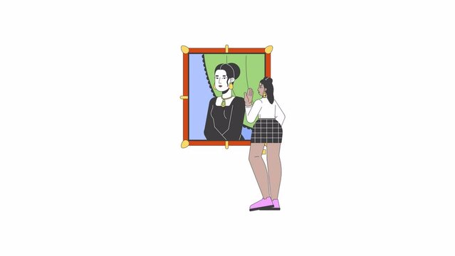 Curvy latina woman looking at mona lisa painting line 2D character animation. Gallery art flat color cartoon 4K video, alpha channel. Girl enjoying famous artwork animated person on white background