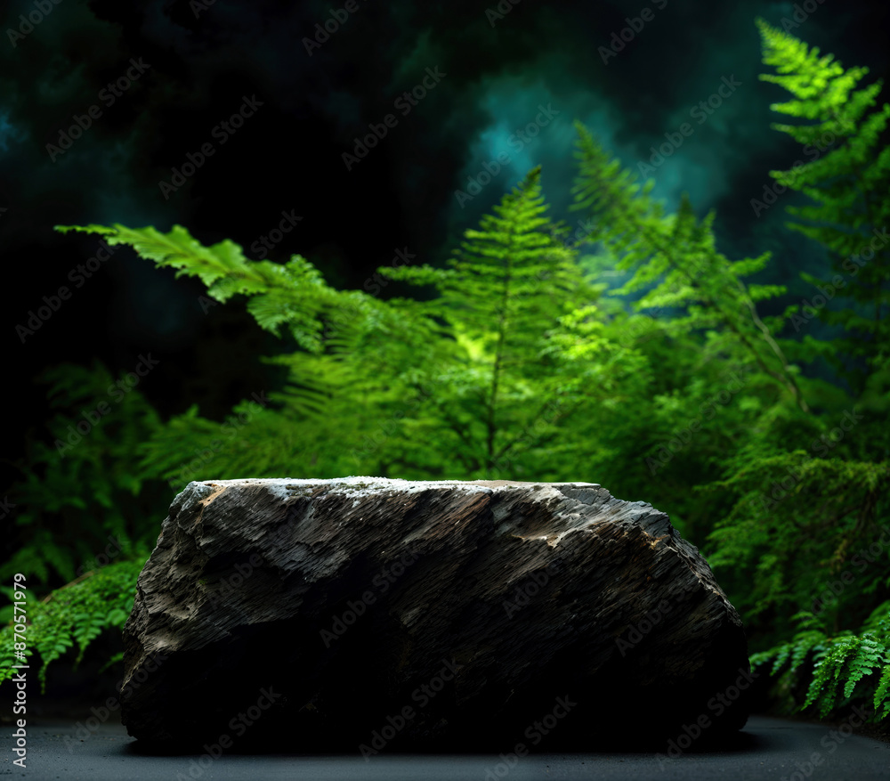 Poster Empty stone podium is surrounded by lush green ferns, creating a natural and serene setting for product display