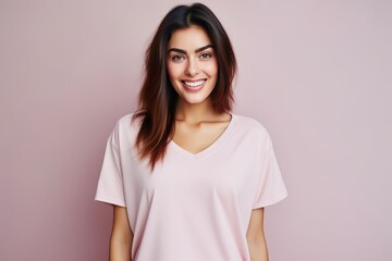 Latin american woman in light blue oversized crew neck t shirt on white background