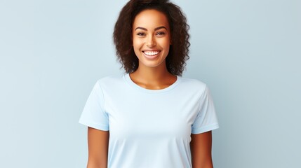 Fototapeta premium Latin american woman in light blue oversized crew neck t shirt on white background