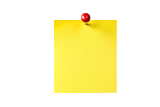 Yellow sticky post note with pushpin isolated on white or transparent png