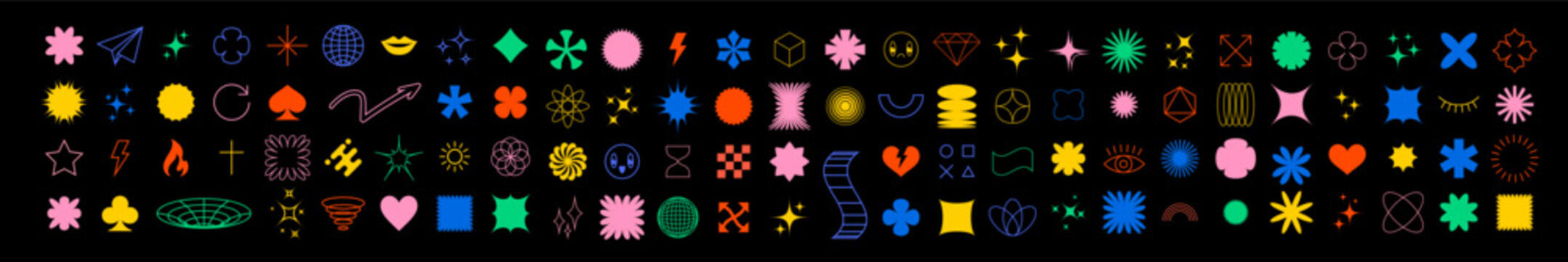 Shape elements, geometric icons for brutalism pattern design, vector abstract graphic. Minimal circle, star and triangle line shapes and figures of flowers and hearts