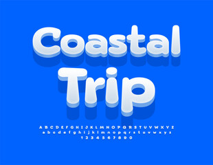Vector travel advertisement Coastal Trip. creative White 3D Font. Modern Alphabet Letters and Numbers.