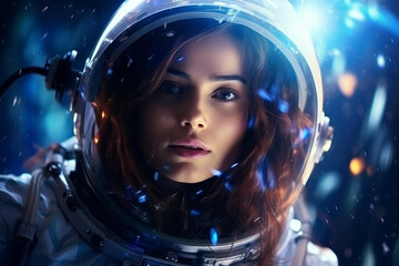 Stunning portrait of a young woman in a space suit, set in a fantasy science fiction universe, perfect for banners, posters, and covers.
