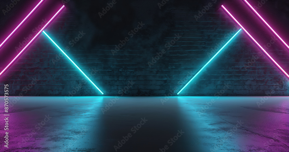 Poster Futuristic sci fi empty stage podium glowing with neon lights reflecting on concrete floor background 3d rendering illustration