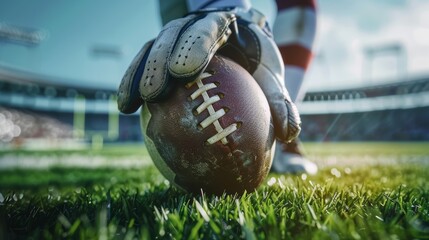 Close-up Shot of an American Ball Standing on a Stadium Field Held, Professional player is holding the ball on grass.