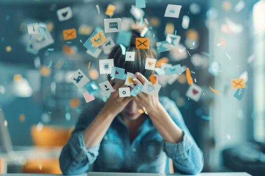 Digital Overload: Person Feeling Overwhelmed by Addictive Social Media Updates and Information Flood