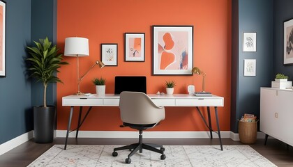A chic home office with a sleek desk, ergonomic chair, and vibrant accent wall.