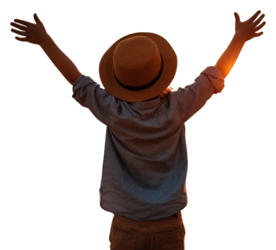 PNG Happy boy wearing a hat with arms up enjoy freedom at the beach at sunset happy tranquility silhouette.