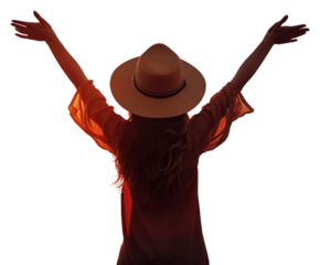 PNG Happy girl wearing a hat with arms up enjoy freedom at the beach at sunset adult happy tranquility.