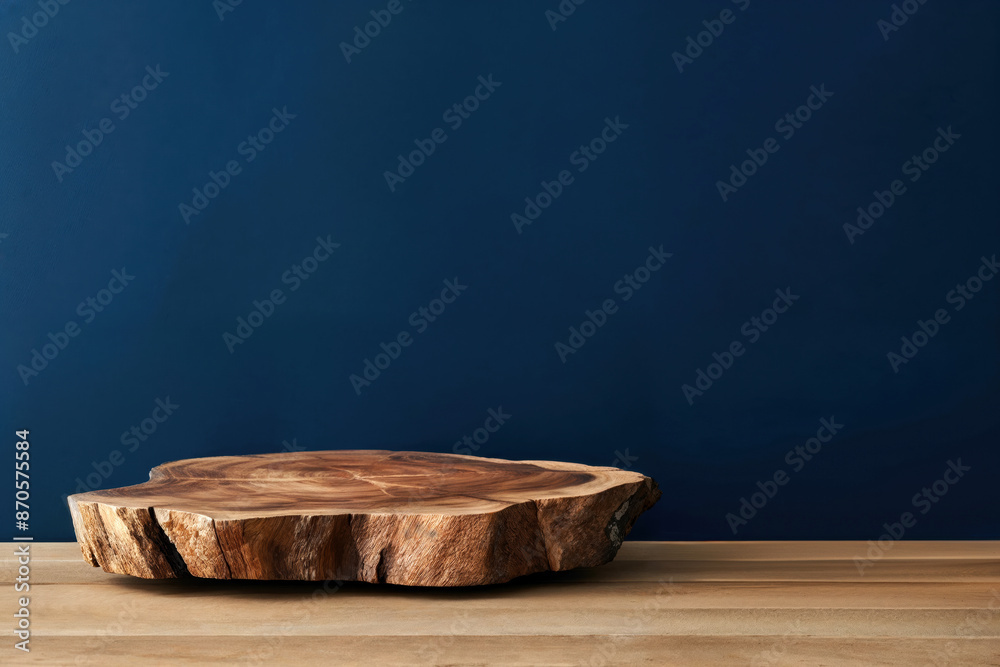 Aufkleber empty wooden tray is displaying products with a blue background