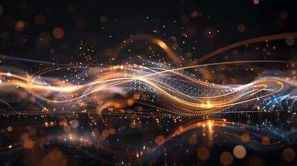 Fototapeta premium An abstract representation of quantum entanglement with wave patterns and glowing lines on a black background.