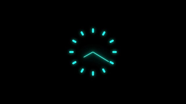 Neon clock icon cyan color animation. on black background 24 hour fast  digital clock.