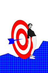 Composite trend artwork sketch image collage of trader young woman stand wow face hand hold target...