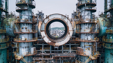 View of industrial factory with rusted towers
