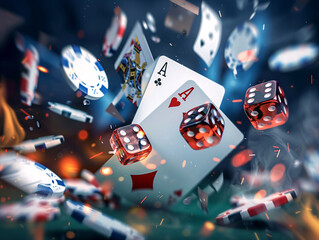 Chaotic scene with flying casino items