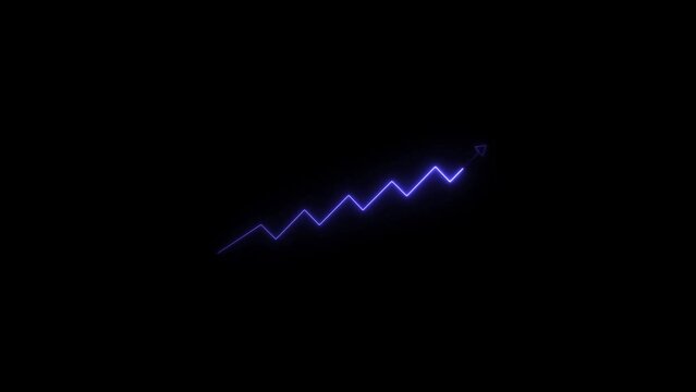  Business graph growth arrow neon glowing royal blue color animation. Business arrow on black background.