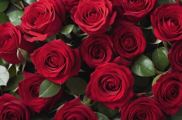 Fototapeta premium Close-up of vibrant bouquet of deep red roses bloom with green leaves for romance valentines
