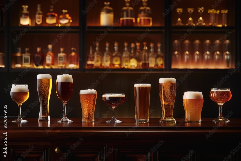 Wall mural a variety of different types of beers in glasses on the bar counter