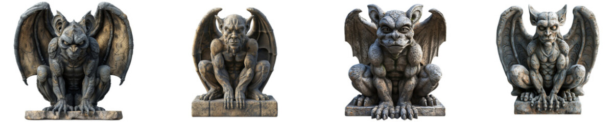 Set of Gargoyle Statues on Transparent Background