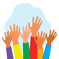 illustration of raised hands with different skin colors, concept of freedom, diversity and human rights. Flat style vector illustration