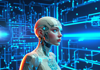 Future society with humanoid robots.