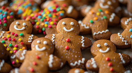 Artistic arrangement of gingerbread men cookies, decorated with colorful icing and sprinkles, gingerbread men, holiday fun