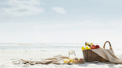 Coastal picnic setting with a blanket, basket, and fresh fruit set against the sandy beach and ocean backdrop, suitable for advertising outdoor events or summer-themed products.

