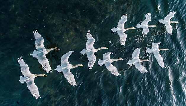 A flock of white birds flying over the water. The view from the top.