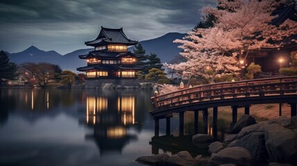 Obraz premium A charming Matsumoto Castle, its black wooden keep reflecting in the tranquil waters of a nearby lake.