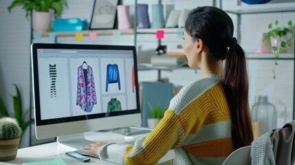 A woman sits at a desk working on a fashion design project on her computer. She is looking at a computer screen with images of clothing
