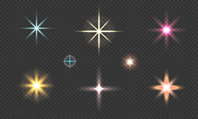 Glitter shining stars, glowing spark. Set of lighting effects. Flash. Light rays. Lens flares