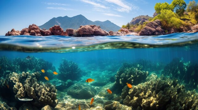 A close-up photo of the vibrant coral reefs and diverse marine life in the crystal-clear waters of Lake Malawi in Africa.