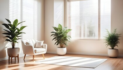 Fototapeta premium A cozy and bright living room with a white armchair, a potted plant, and a wooden floor. The room has a minimalist and natural decor style, with sunlight streaming in through the windows.