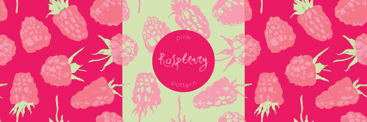 Abstract raspberry hand drawn illustrations. Pink raspberries pattern seamless for textile design, fabric ornament, banner with floral decor. Juice or jam label design. Pink wild berry background.
