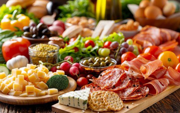 A colorful and delicious spread of food, perfect for a party or gathering.  The platter includes cheese, meats, olives, vegetables, and bread.