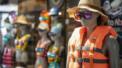 A mannequin wearing a life jacket, sunglasses, and a hat stands in a store window.