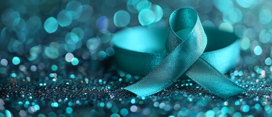 Blue ribbon on sparkly turquoise background.