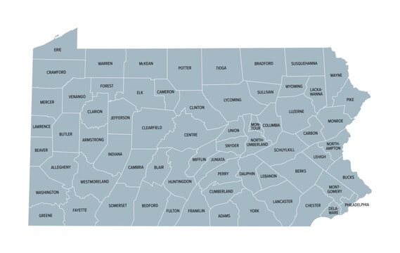 Pennsylvania counties, gray political map. Commonwealth of Pennsylvania, a state of the Mid-Atlantic and Northeastern United States, subdivided into 67 counties. Map with boundaries and county names.