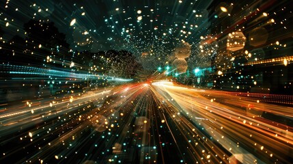 Fototapeta premium abstract speed motion on the road, digital technology background, future concept, A blurry image of a city street with lights, fast refresh rates, high-resolution imagery, vibrant colors, and digital 