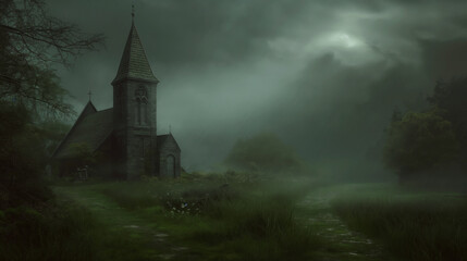 Fototapeta premium Alte Kirche in einer dunklen mystischen Landschaft