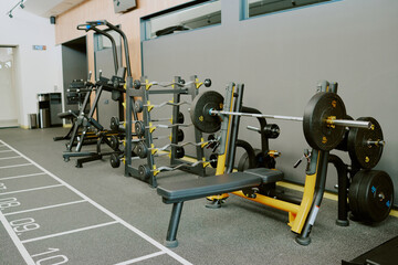 Obraz premium Spacious modern zone for pumping iron, zone equipped with bars plates bench