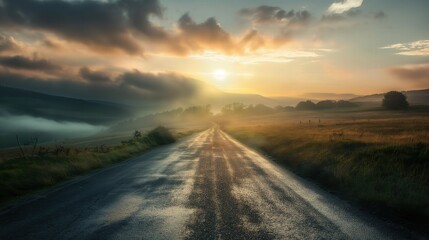 Old asphalt road in countryside next to lush green grass field during sunset foggy mountain range horizon dark clouds yellow sky peaceful mystery scene landscape