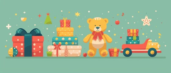 Obraz premium Teddy bear and toy truck with Christmas gifts.