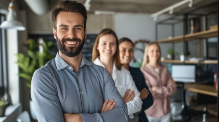 Obraz premium Portrait photo of company team members in office cross hands beautiful smile Caucasian male and female