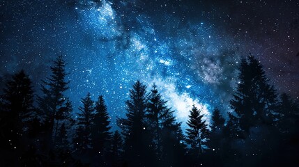 Tranquil Night in the Forest: Silhouetted Trees Under a Starry Sky