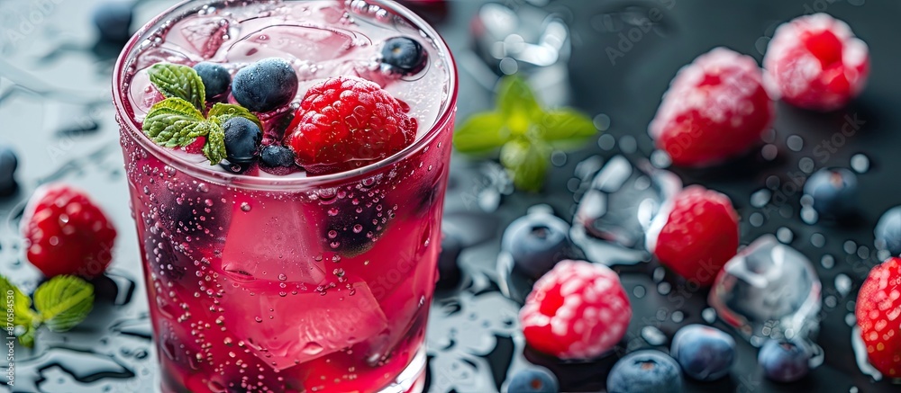 Poster Close-up view of a summer drink with berries and ice cubes on a table, providing copy space for an image.