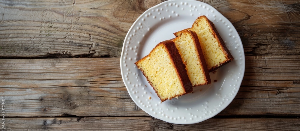 Poster delectable homemade pound or butter cake slices on a white plate, displayed on a rustic wooden table